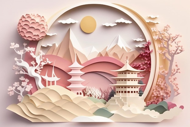 Paper cut of a japanese temple with mountains and trees in the background.