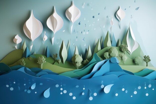 A paper cut landscape with trees and water generative AI