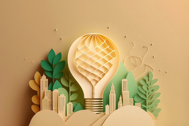 Paper cut of light bulb with green eco city on pastel beige background Renewable energy concept AI g