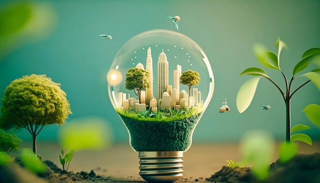 Paper cut of light bulb with green eco city Renew generative AI