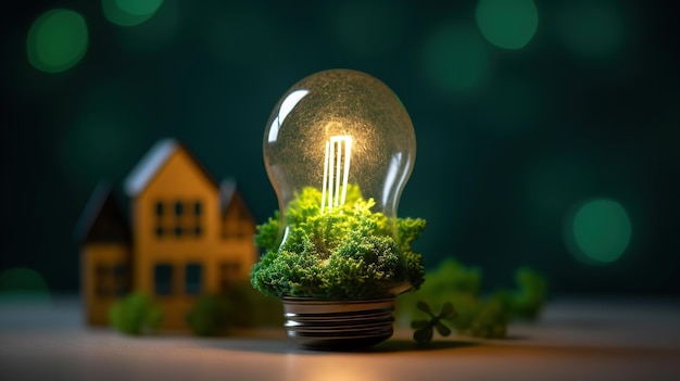 Photo paper cut of light bulb with green eco city renewable energy by 2050 carbon neutral energy or greenhouse gas emission co2 save energy creative idea concept generative ai