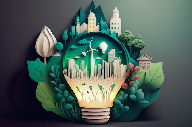 Paper cut of light bulb with green eco city Renewable energy by 2050 Carbon neutral energy or greenhouse gas emission CO2 Save energy creative idea concept Generative Ai