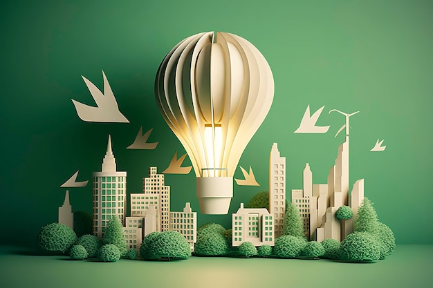 緑のエコ都市と電球の紙カット 2050 年までに再生可能エネルギー カーボン ニュートラル エネルギーまたは温室効果ガスの排出量 CO2 エネルギーの創造的なアイデア コンセプト ジェネレーティブ Ai