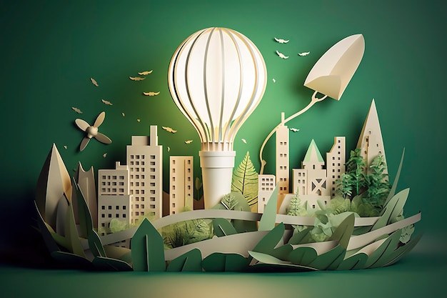 Paper cut of light bulb with green eco city renewable energy by 2050 carbon neutral energy or greenhouse gas emission co2 save energy creative idea concept generative ai
