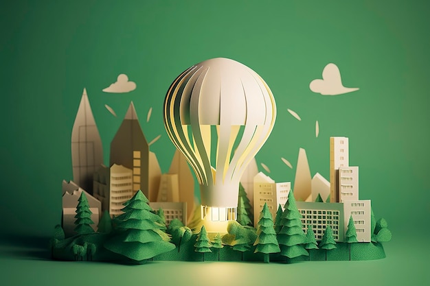 Paper cut of light bulb with green eco city renewable energy by 2050 carbon neutral energy or greenhouse gas emission co2 save energy creative idea concept generative ai