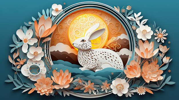 Paper Cut Mid Autumn Festival Banner with Rabbit Moon