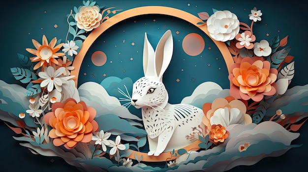 Paper Cut Mid Autumn Festival Banner with Rabbit Moon