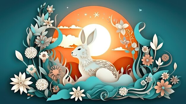 Paper cut mid autumn festival banner with rabbit moon