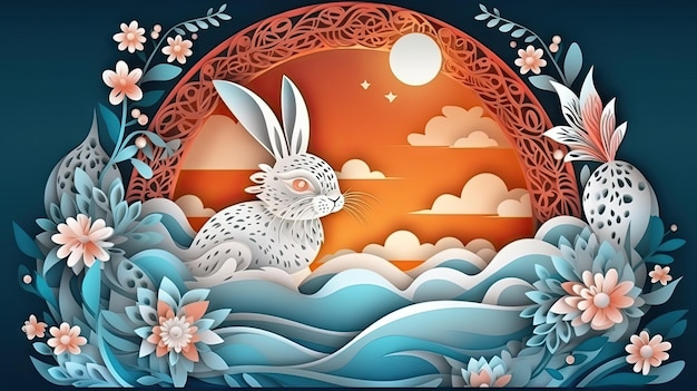 토끼 달과 종이 컷 중순 가을 축제 배너