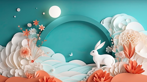 Paper Cut Mid Autumn Festival Banner with Rabbit Moon