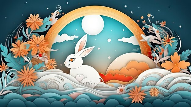 Paper Cut Mid Autumn Festival Banner with Rabbit Moon