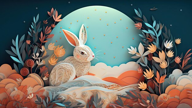 Paper Cut Mid Autumn Festival Banner with Rabbit Moon