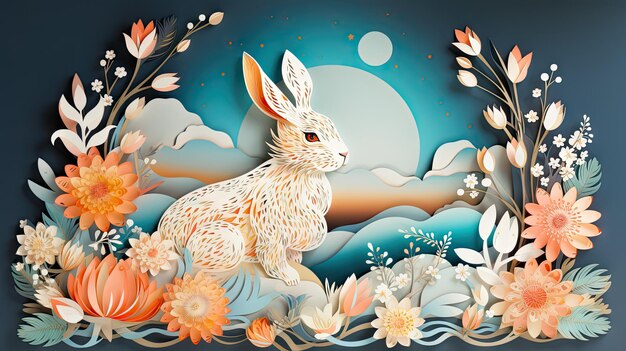 Paper Cut Mid Autumn Festival Banner with Rabbit Moon