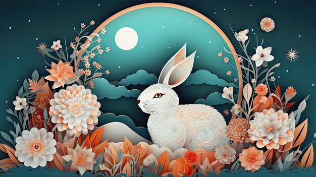 Paper Cut Mid Autumn Festival Banner with Rabbit Moon