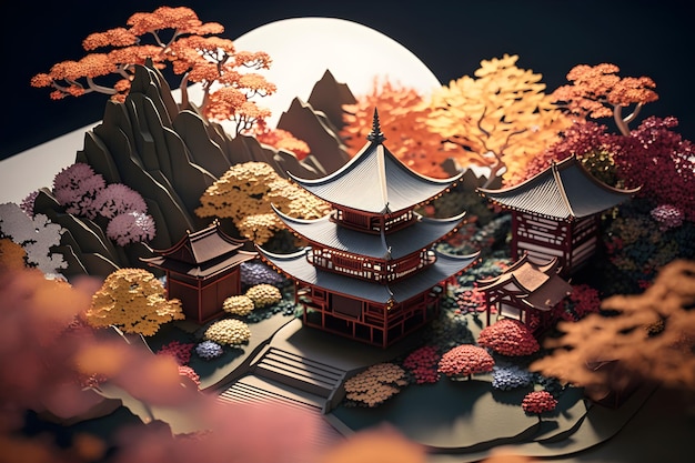 A paper cut model of a japanese temple with a moon in the background.