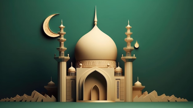 A paper cut of a mosque with a crescent moon and a crescent moon.