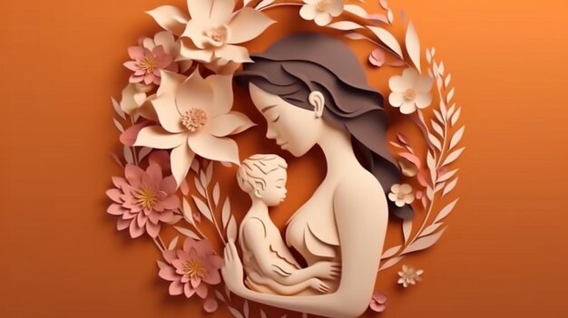 Paper cut mother and kid a beautiful happy woman with baby celebrate Mother39s Day Generative AI