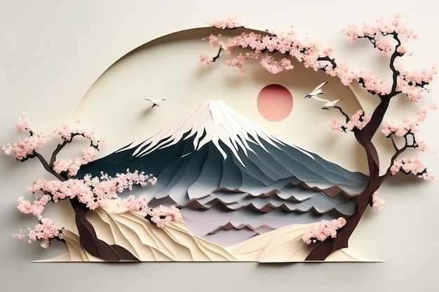 A paper cut of mount fuji with a pink flower in the foreground.