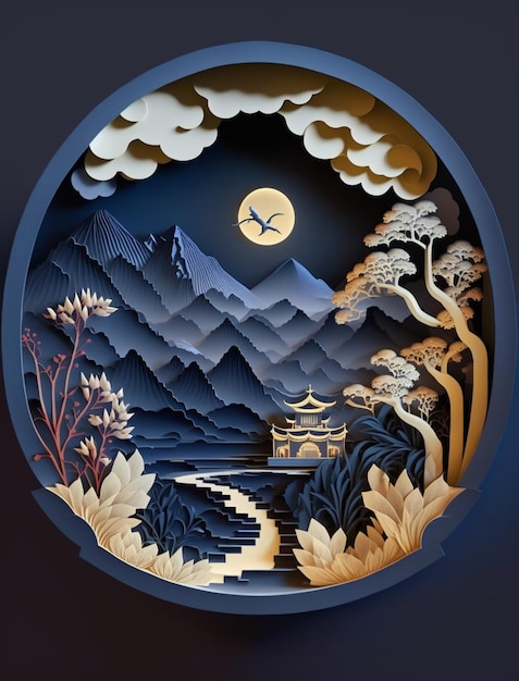A paper cut of a mountain landscape with a moon in the background.
