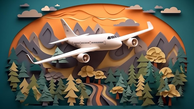 Paper cut out of an airplane flying over a forest.