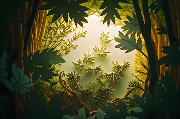 A paper cut out of bamboo with a plant in the middle