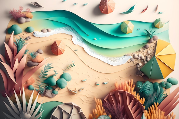 A paper cut out of a beach with a beach scene.