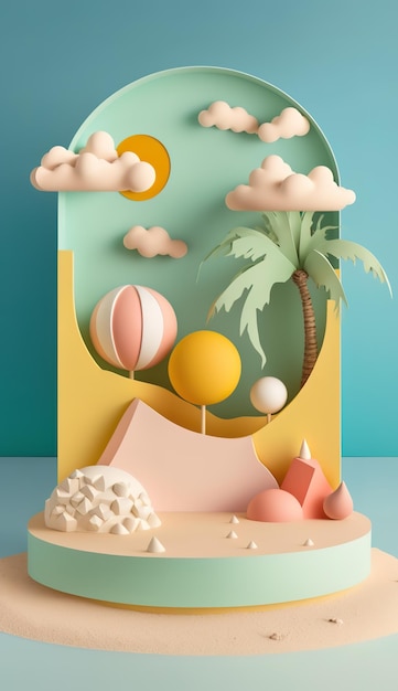 A paper cut out of a beach with a palm tree and a beach scene.