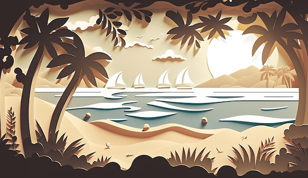 A paper cut out of a beach with a palm tree and a sailboat in the distance.