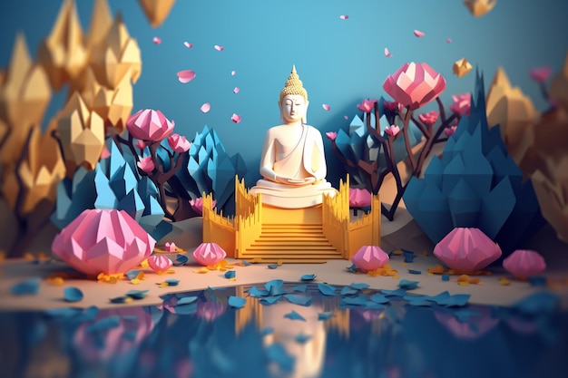 A paper cut out of a buddha statue sits in a forest.