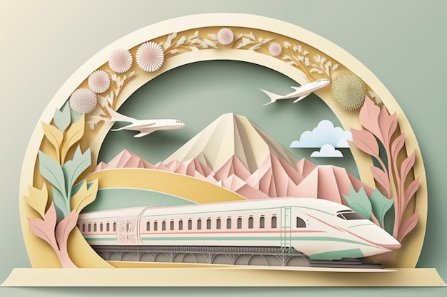 Paper cut out of a bullet train with airplanes flying around it.