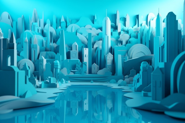 A paper cut out of a city with a blue background.