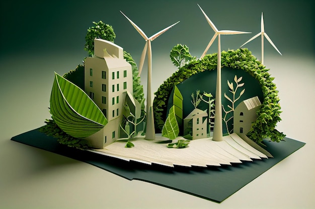 A paper cut out of a city with a city in the background Ecology concept with wind turbines houses