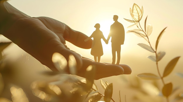 Foto carta tagliata da una coppia innamorata tenuta in mano contro il caldo tramonto silhouette romanticismo e natura tema perfetto per i concetti di matrimonio ai