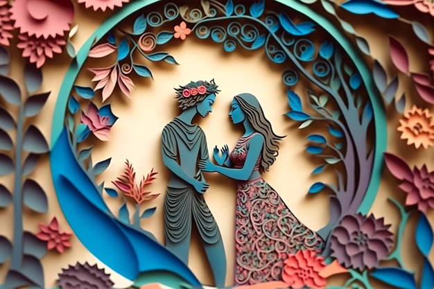 A paper cut out of a couple with flowers and leaves.