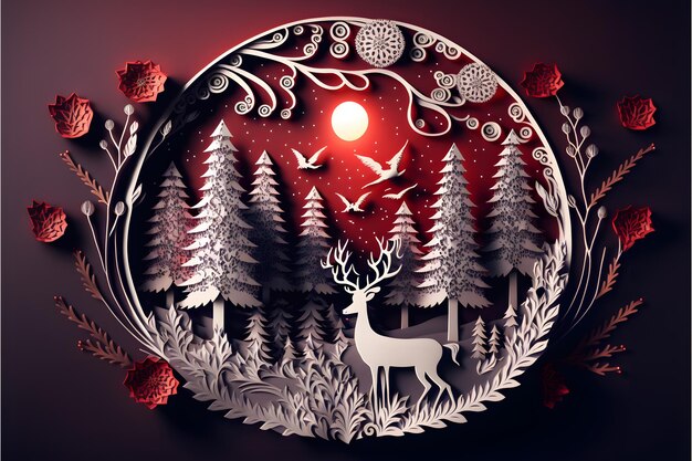 A paper cut out of a deer winter background in paper style