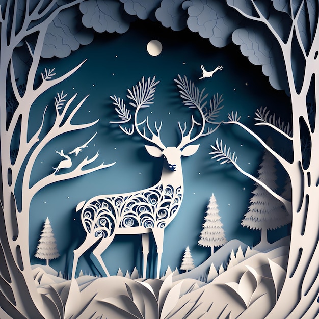 A paper cut out of a deer winter background in paper style