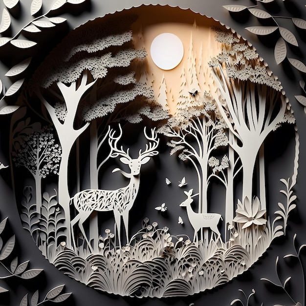 A paper cut out of a deer winter background in paper style