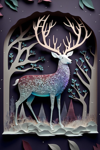 A paper cut out of a deer winter background in paper style