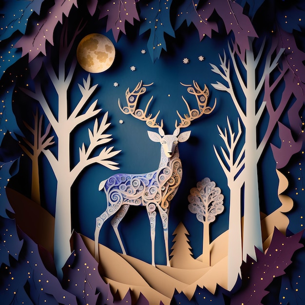 A paper cut out of a deer with the moon in the background