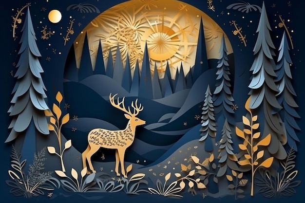 A paper cut out of a deer with the moon in the background.