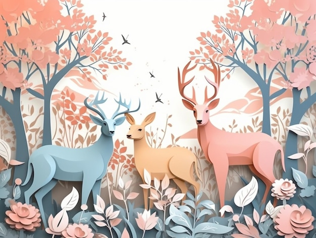 A paper cut out of a deer with a pink and blue background.