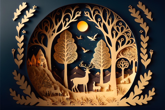 A paper cut out of a deer with a snowy mountain and trees