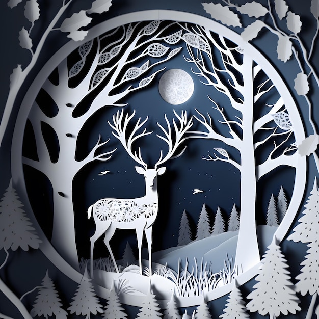 A paper cut out of a deer with a snowy mountain and trees