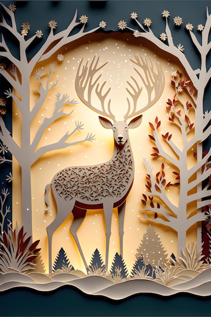 A paper cut out of a deer with a snowy mountain and trees