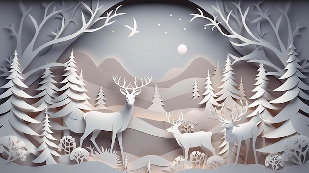 A paper cut out of deers in the snow with a moon in the background.