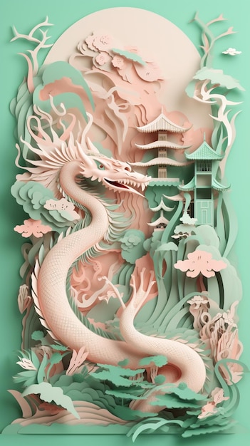 A paper cut out of a dragon with a pagoda in the background.