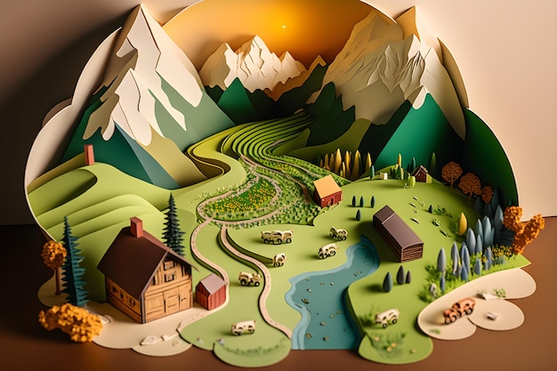 A paper cut out of a farm with mountains in the background.