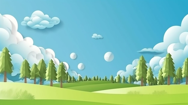 A paper cut out of a field with a forest and a blue sky with clouds.