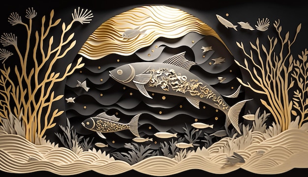 A paper cut out of fish and seaweed.