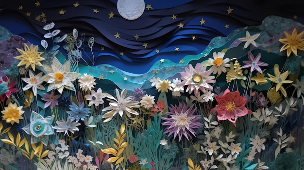 A paper cut out of flowers with the moon in the background